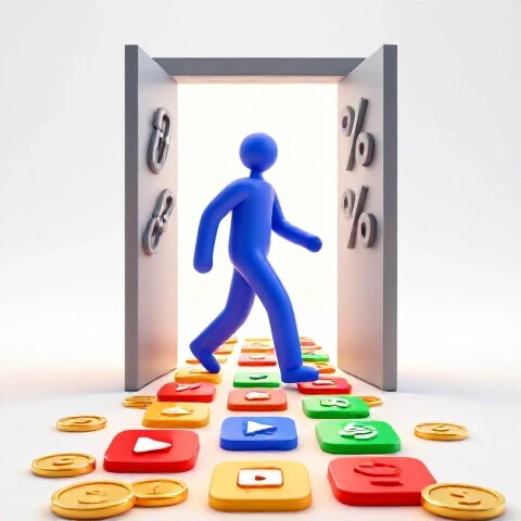 Abstract figure exits a shadowy doorway with affiliate icons onto a bright path of gold coins and video symbols.