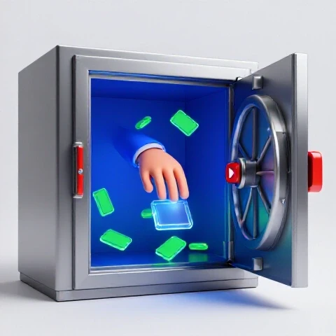 A confident hand reaches for a glowing digital payout emerging from a secure metallic vault, accented by YouTube-red highlights.