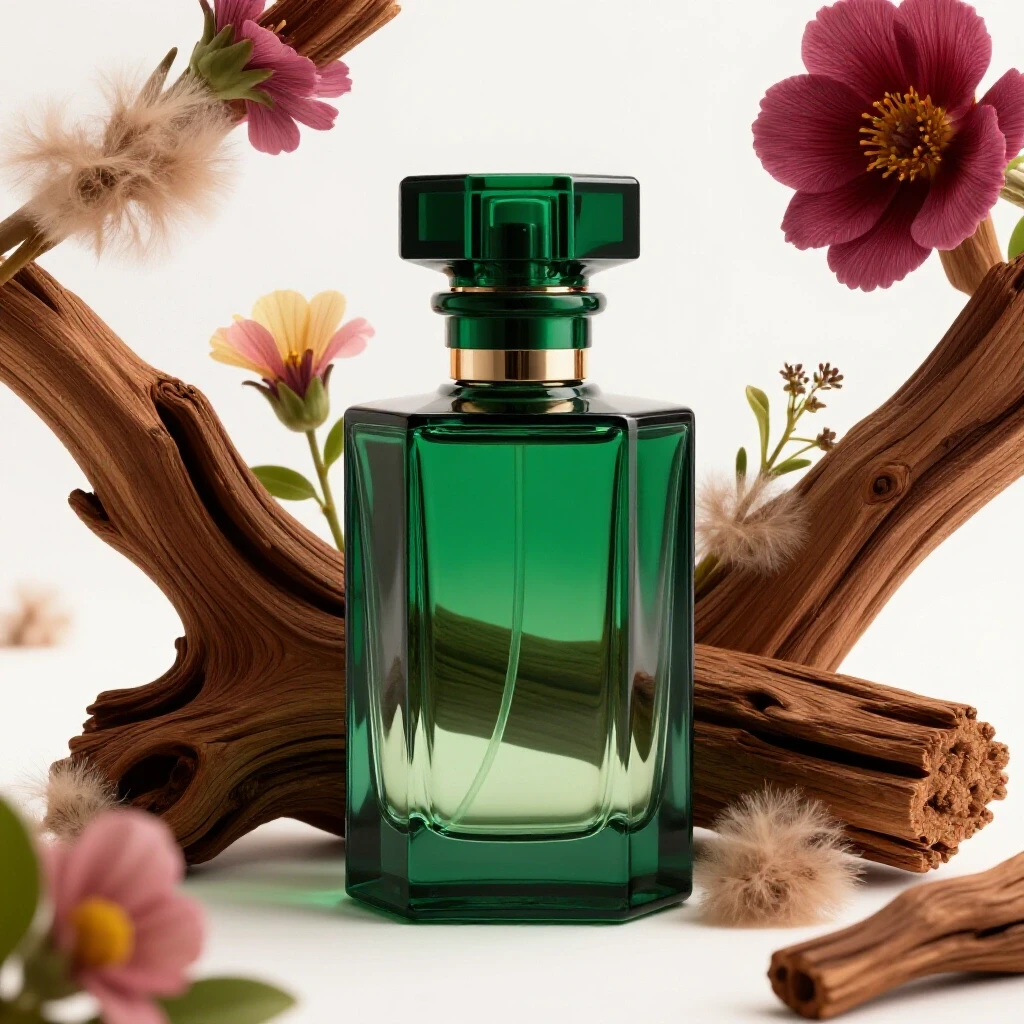 A luxurious perfume bottle set against a bright studio background, surrounded by wood and floral accents.