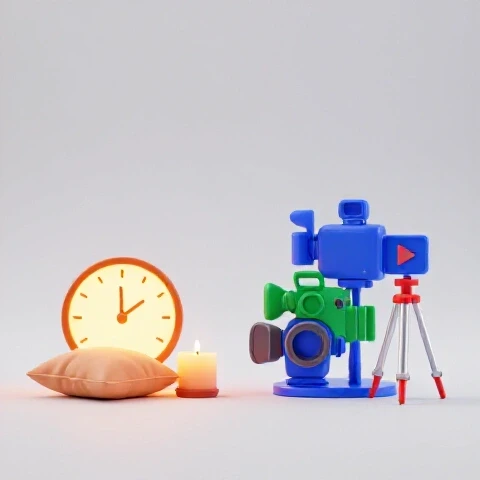 Split scene showing personal life objects in warm tones on one side and vibrant video equipment in cool colors on the other.
