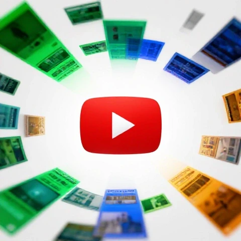Bright YouTube play button spotlighted at the center, surrounded by swirling, colorful video thumbnails in a luminous studio setting.
