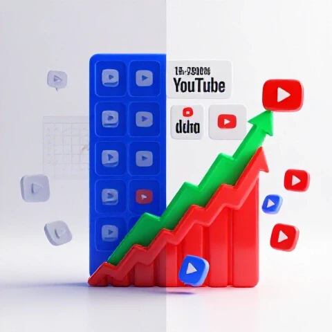Split-screen showing sparse YouTube elements on the left and vibrant thumbnails with growth charts on the right.