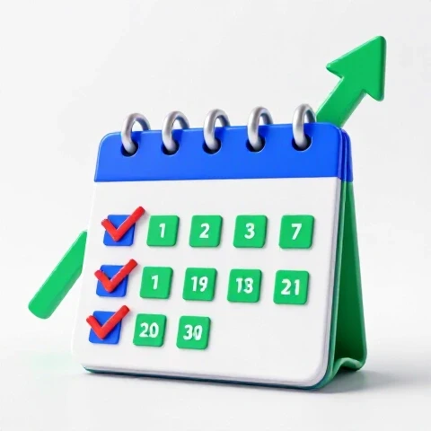 A vibrant calendar with bold checked days and an upward-trending graph on a bright white background highlighting growth.