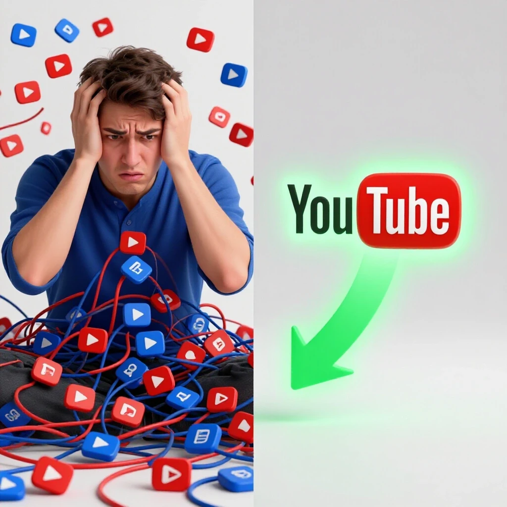 Split-screen image showing frustration with tangled YouTube accounts versus a clear YouTube logo representing a solution.