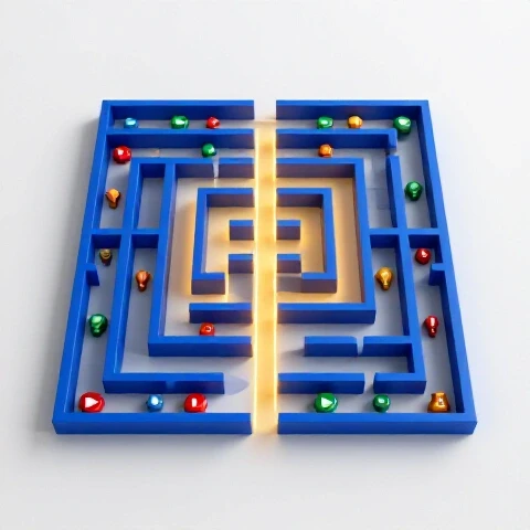 Luminous maze with vivid video topic icons and a glowing golden path highlighting the safe route in bright studio light
