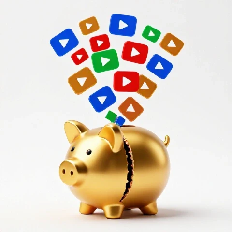 Golden piggy bank split open with vivid YouTube video thumbnails spilling out on a bright white background, embodying video ad revenue.