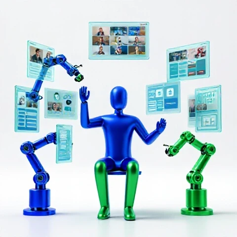 Central calm metallic figure surrounded by vibrant robotic arms and digital panels automating video and workflow tasks