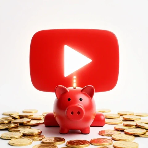 Glossy piggy bank and glowing YouTube play button with gold coins flowing between, on a luminous white background