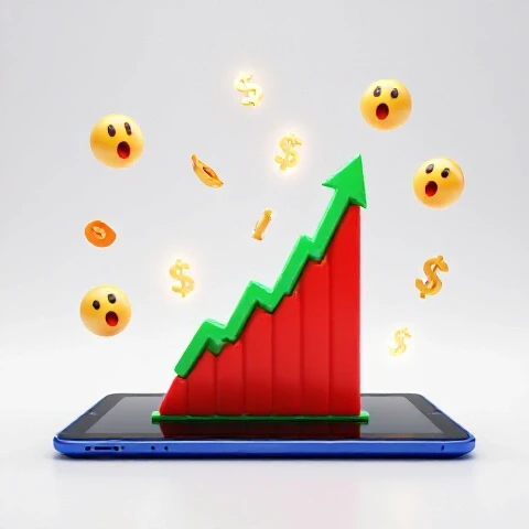 Dramatic graph spikes upward from a digital tablet, surrounded by glowing dollar symbols and surprised icons on a bright background.