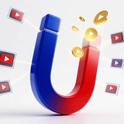 A bold magnet attracts glowing play buttons and coins, surrounded by linked video thumbnails on a bright background.