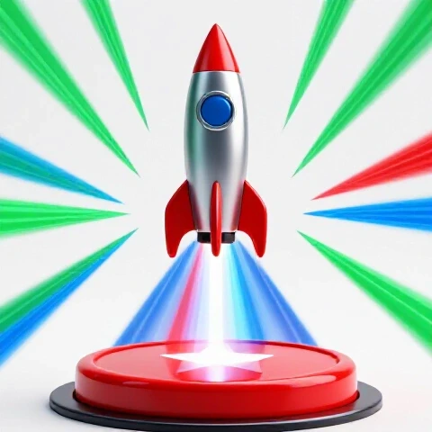 Rocket launches upward from a vibrant red play button platform, surrounded by dynamic beams of colored light on a luminous white background.