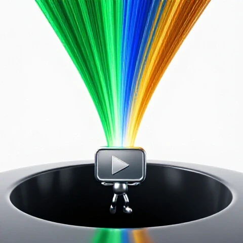 A glossy play button icon climbs from a shadowy pit toward a vibrant, spiraling stream of light on a bright background.