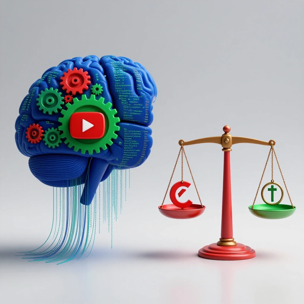 A visual representation of YouTube algorithms contrasting copyright and fair use with a brain of gears and a balanced scale.