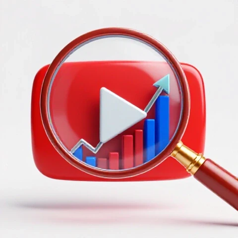 Magnifying glass highlighting an upward graph emerging from a vibrant YouTube play button on a bright background