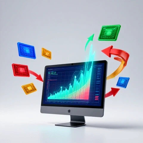 Glowing graphs, charts, and colorful video thumbnails emerging from a computer screen in a bright studio setting