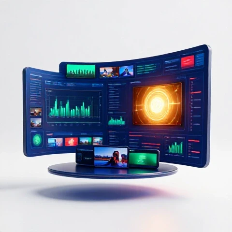 Vibrant futuristic dashboard with glowing charts and video thumbnails, one video shining brighter, on white background.