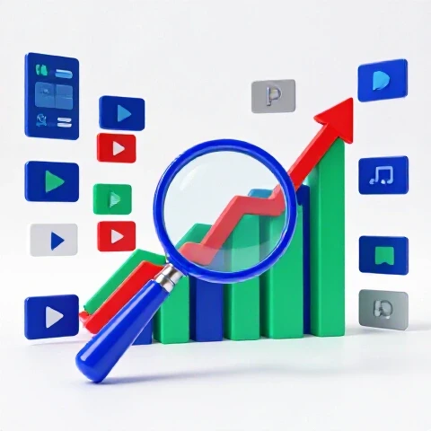 Upward-trending graph rises among vibrant video thumbnails, with a magnifying glass highlighting key data points on a bright white background.