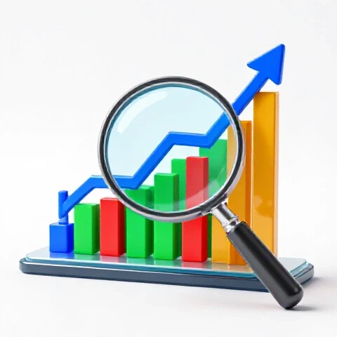 A magnifying glass hovers over vivid YouTube analytics charts with upward-trending graphs on a device screen.