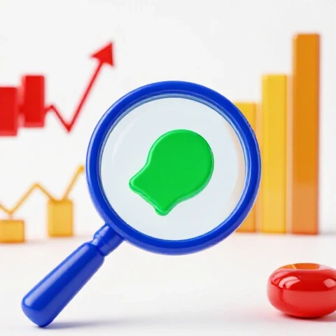 Magnifying glass highlighting a sharp data point amid blurred analytics graphs in a luminous studio setting.