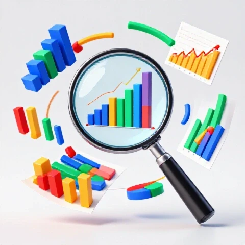 Magnifying glass focusing on sharp chart amid swirling, colorful graphs on a bright studio background.