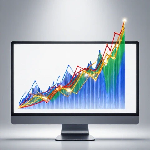 Vibrant 3D line graphs and glowing data points rise from a modern computer screen on a bright studio background.