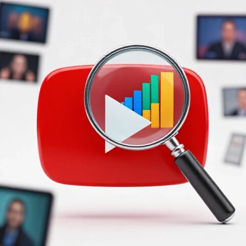 Magnifying glass hovers over a vibrant YouTube play button, revealing a colorful analytics graph with blurred video thumbnails in a bright studio setting.