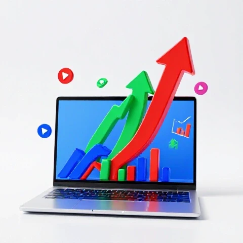 A metallic laptop displays a glowing screen with upward graphs and bold arrows, surrounded by vibrant YouTube-themed icons.