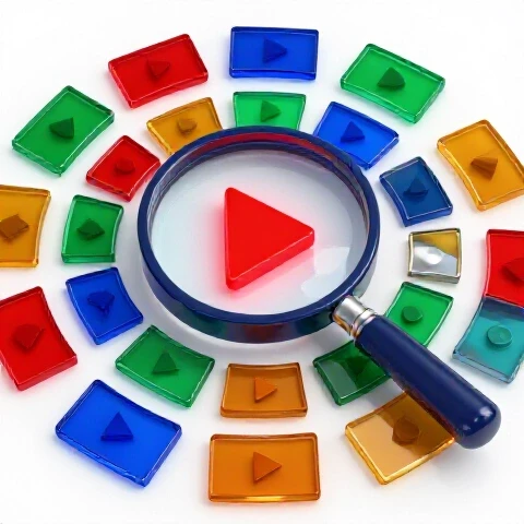 Magnifying glass focusing on glowing play button with highlighted video thumbnails forming a dynamic, interconnected pattern.