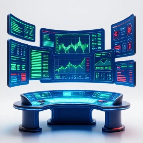 Futuristic analytics command center with vibrant floating data panels and glowing charts in bold colors.