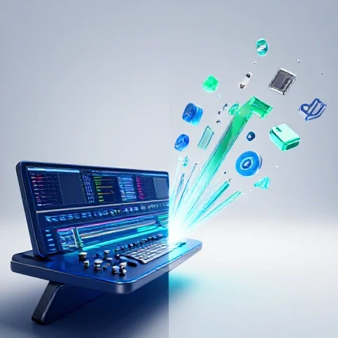Split image showing a vibrant video editing timeline alongside glowing analytic charts and data graphs on a bright background.