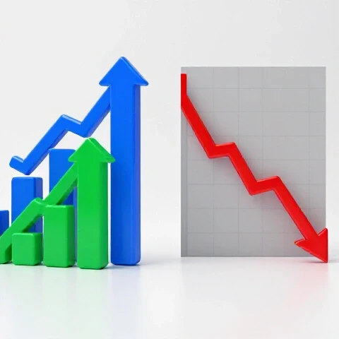 Split-screen scene with vivid growth charts and arrows on one side, faded declining graphs on the other, in a bright studio setting.