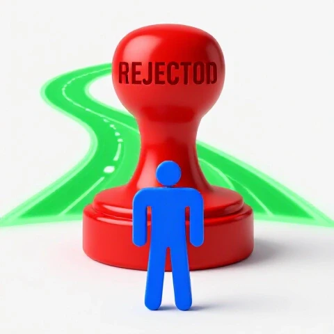 A bold red rejection stamp with a glowing green pathway behind it, facing a determined blue creator figure on a bright white background.