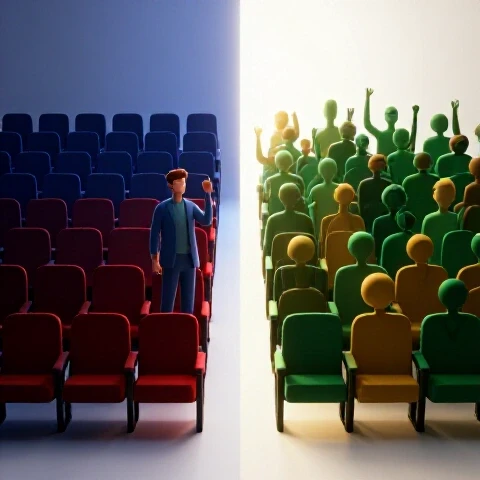 Split scene showing a confident presenter on stage facing empty seats contrasted with an engaged, illuminated audience.