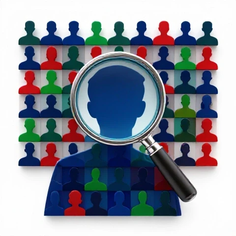 Colorful video thumbnails forming a viewer silhouette with magnifying glass, examining vibrant audience figures on a bright studio background.