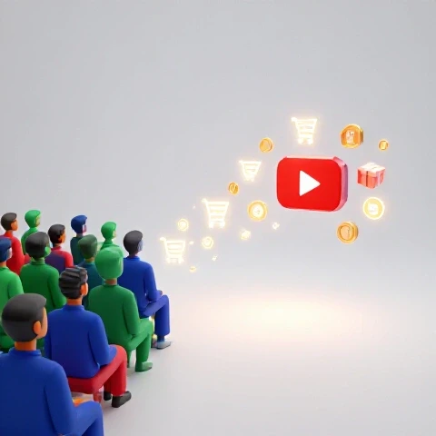 Split scene showing colorful audience icons watching videos and purchasing symbols flowing toward a glowing YouTube channel icon.