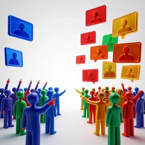 Bold 3D scene with dynamic audience gestures directed at striking video thumbnails, symbolizing audience-driven content.