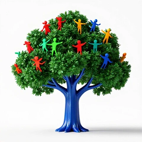 Vibrant tree with dynamic branches and colorful abstract characters, symbolizing stages of engagement, set on a bright background.