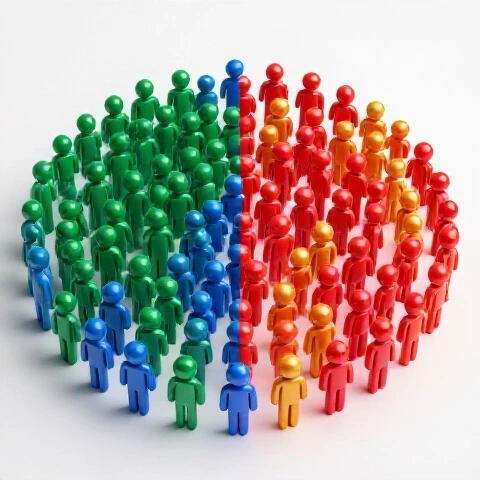 Split scene with small, colorful audience icons evolving into a large, diverse group on a bright background.