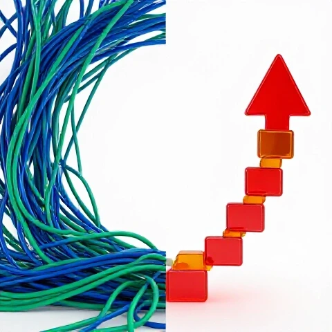Split scene with tangled video cables on one side and ascending glowing video thumbnails on the other