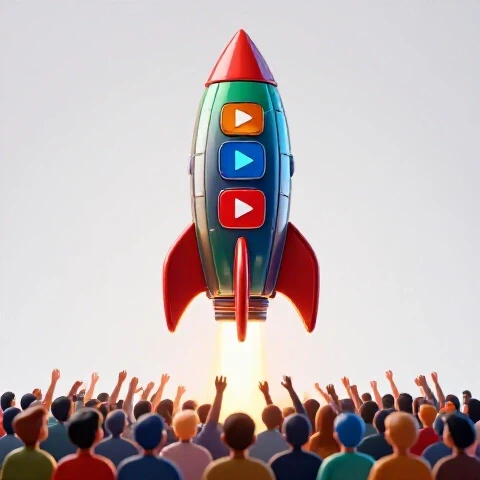 Vibrant rocket built from bold video play buttons launches upward from a lively crowd of colorful viewers.