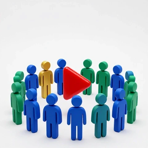 A bold red play button stands out as one gold figure turns toward it amid a blue and green crowd facing away.
