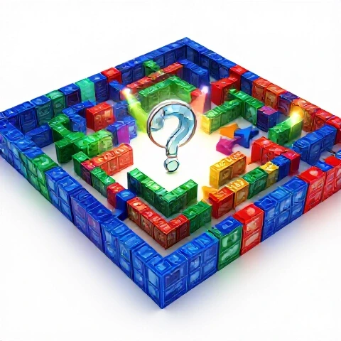 Maze-like path of colorful video thumbnails with dynamic arrows and a central symbol for problem-solving, set on a bright background.