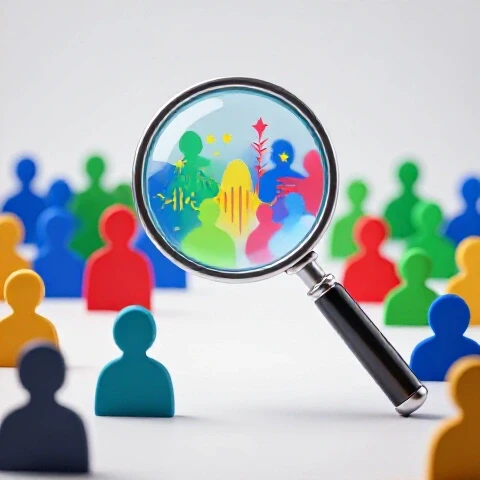 Magnifying glass revealing vibrant patterns among colorful audience silhouettes on a bright background