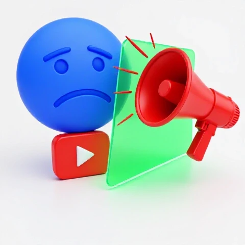 Split scene showing bored emoji and YouTube icon on one side, dramatic megaphone and play screen on the other, contrasting engagement.