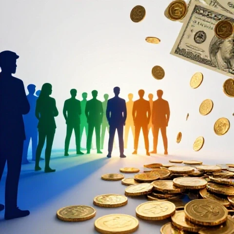 Split scene of colorful viewer silhouettes and golden coins flowing toward a highlighted central group on a bright background.