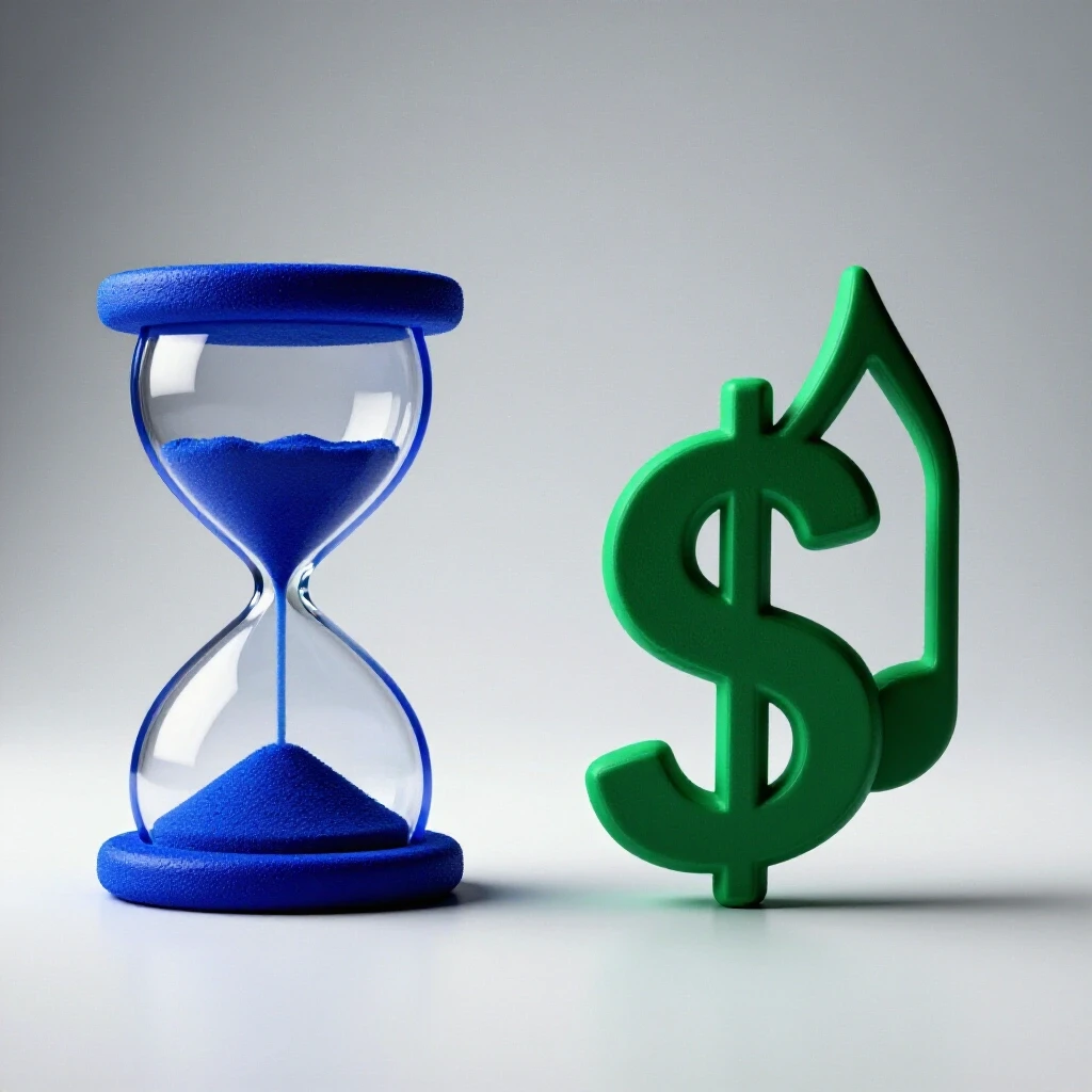 A vibrant hourglass symbolizing a 1-hour build next to a music note intertwined with a dollar sign, representing YouTube audio commercial use.