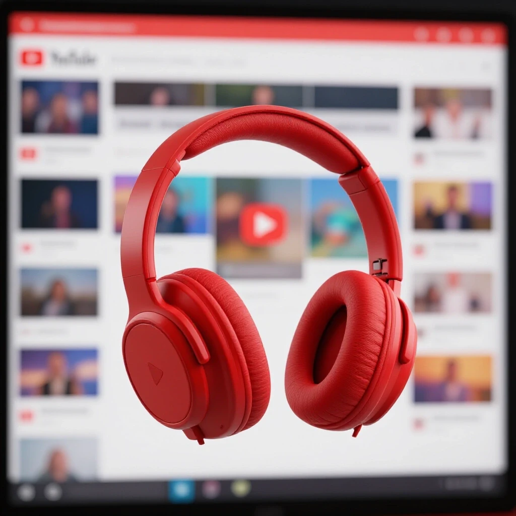 Oversized crimson headphones with a play button on the ear cup, set against a vibrant YouTube interface background.