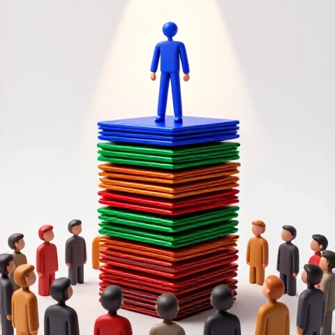 Dynamic scene of a geometric creator on ascending colorful video thumbnails spotlighted above an admiring crowd.