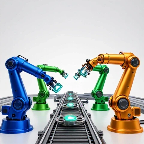 Futuristic robotic arms passing glowing play buttons and film reels on a high-tech assembly line