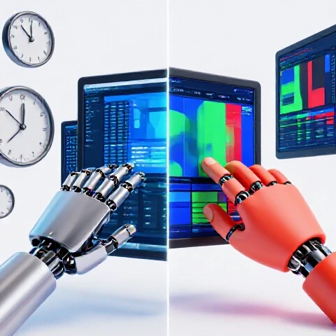 Split scene: robotic hand editing videos with clocks shows speed, opposite a creative hand crafting a colorful video frame.